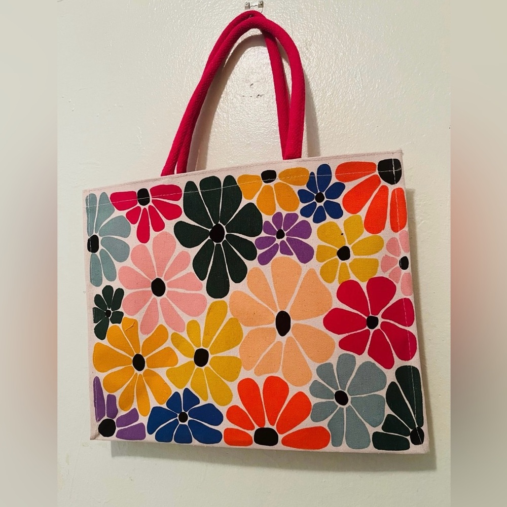 Retro Fun Floral Print Rainbow Color Tote Bag
